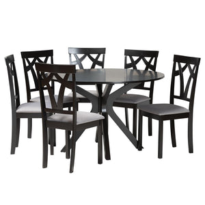 Baxton Studio Baxton Luise 7-Piece Modern Grey Fabric Dining Set with Round Table & Plush Seating for 6 Luise-Grey/Dark Brown-7PC Dining Set