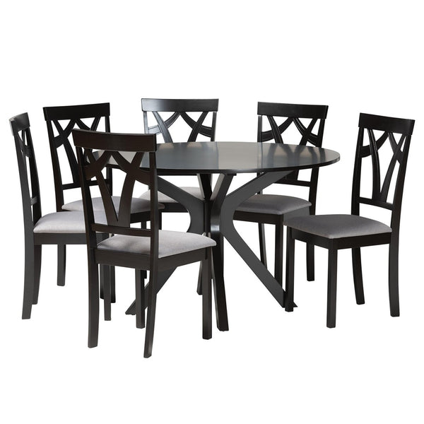 Baxton Studio Baxton Luise 7-Piece Modern Grey Fabric Dining Set with Round Table & Plush Seating for 6 Luise-Grey/Dark Brown-7PC Dining Set