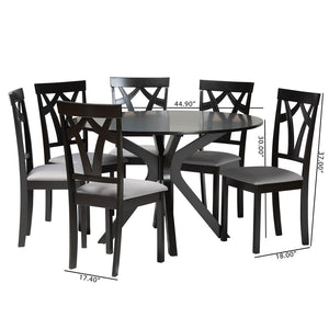 Baxton Studio Baxton Luise 7-Piece Modern Grey Fabric Dining Set with Round Table & Plush Seating for 6 Luise-Grey/Dark Brown-7PC Dining Set