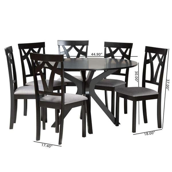 Baxton Studio Baxton Luise 7-Piece Modern Grey Fabric Dining Set with Round Table & Plush Seating for 6 Luise-Grey/Dark Brown-7PC Dining Set