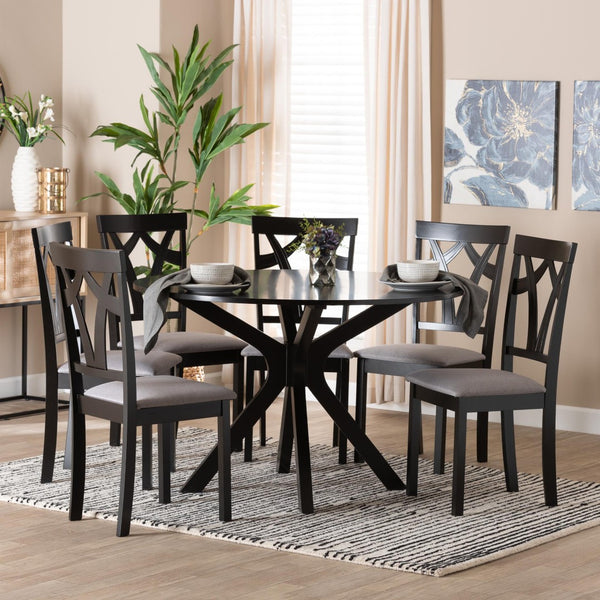 Baxton Studio Baxton Luise 7-Piece Modern Grey Fabric Dining Set with Round Table & Plush Seating for 6 Luise-Grey/Dark Brown-7PC Dining Set