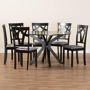 Baxton Studio Baxton Luise 7-Piece Modern Grey Fabric Dining Set with Round Table & Plush Seating for 6 Luise-Grey/Dark Brown-7PC Dining Set