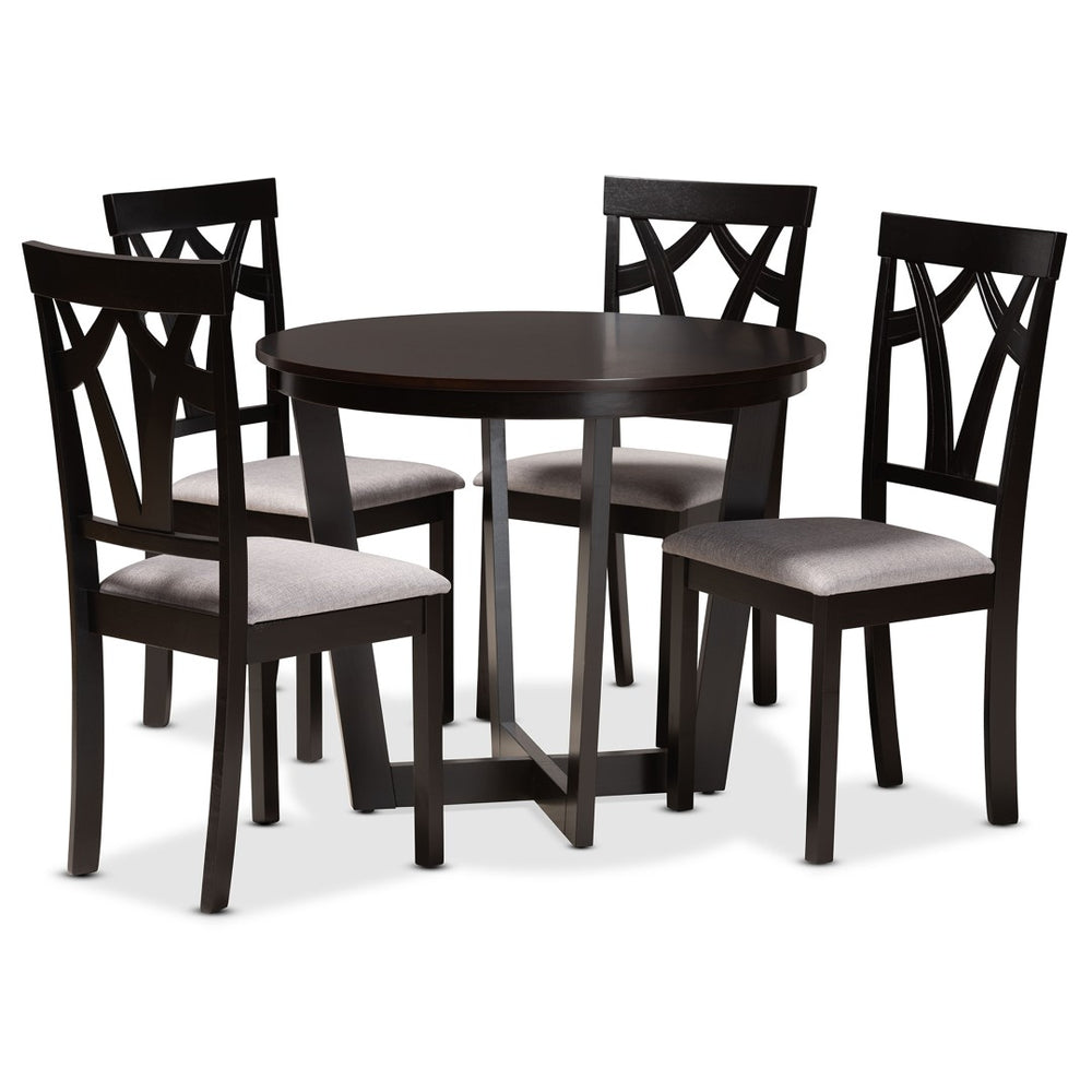 Baxton Studio Baxton Telma Modern 5-Piece Dining Set - Grey Upholstered Chairs & Round Dark Brown Table Design Telma-Grey/Dark Brown-5PC Dining Set