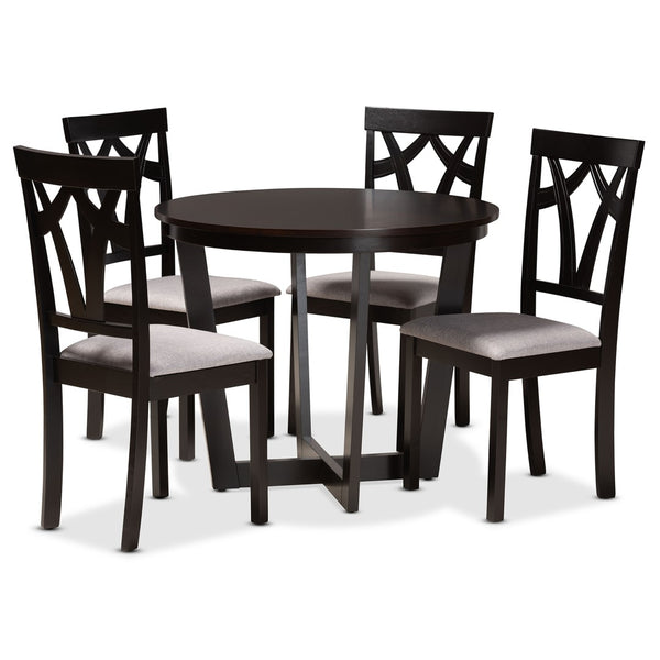 Baxton Studio Baxton Telma Modern 5-Piece Dining Set - Grey Upholstered Chairs & Round Dark Brown Table Design Telma-Grey/Dark Brown-5PC Dining Set