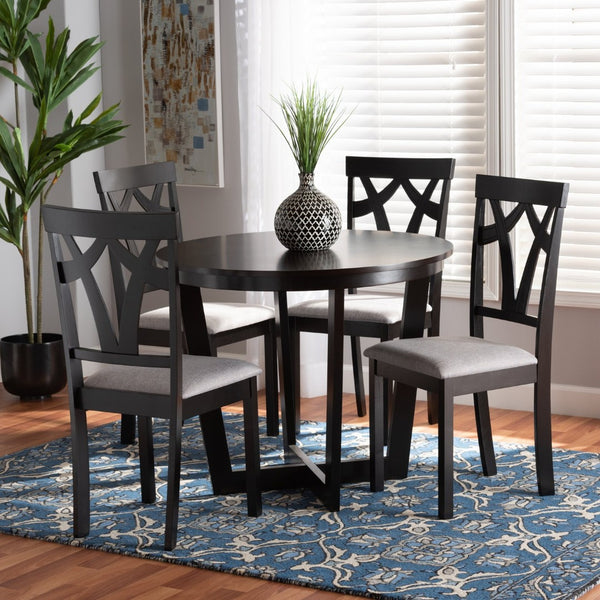 Baxton Studio Baxton Telma Modern 5-Piece Dining Set - Grey Upholstered Chairs & Round Dark Brown Table Design Telma-Grey/Dark Brown-5PC Dining Set