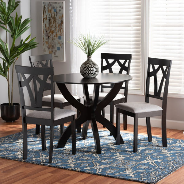 Baxton Studio Baxton Studio Rasa 5-Piece Modern Dining Set with Grey Fabric Chairs & Sculptural Table Base Design Rasa-Grey/Dark Brown-5PC Dining Set