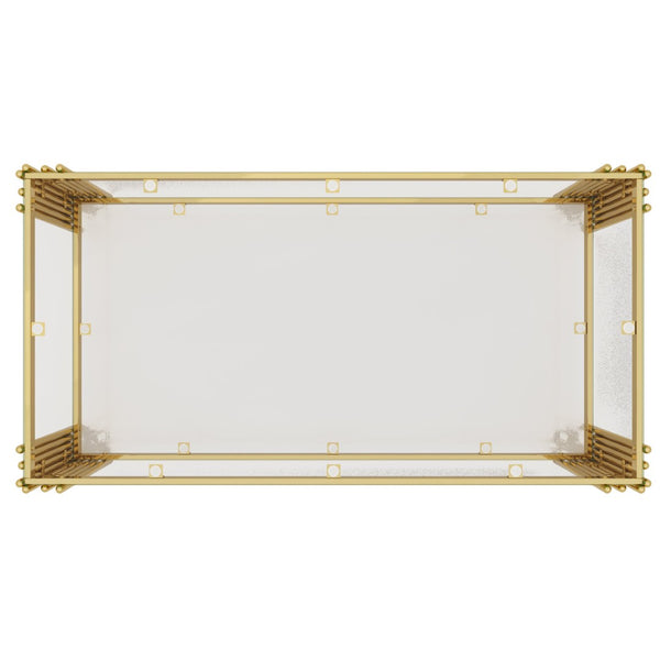 English Elm Modern Glam Rectangular Coffee Table with Mirrored Top Gold Sculptural Frame Open Shelf Transparent N735P380101K