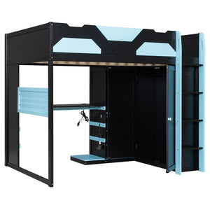English Elm Full Size Loft Bed with Rgb Lighting Usb Charging Desk Wardrobe and Storage Shelves Blue LT000387AAC