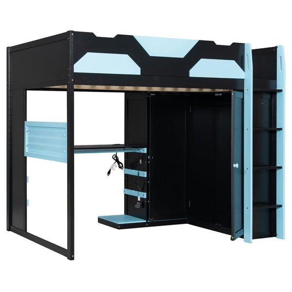 English Elm Full Size Loft Bed with Rgb Lighting Usb Charging Desk Wardrobe and Storage Shelves Blue LT000387AAC