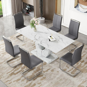 English Elm Table Modern Elegant Dining Set - 71" Marble Pattern Top With 6 Dark Gray Pu Chairs & Silver Legs W1151S02118-GIGA
