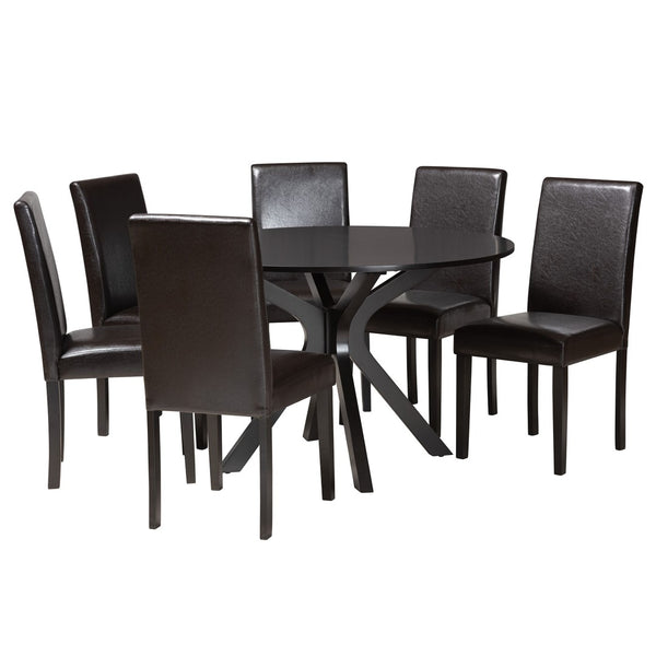 Baxton Studio Baxton Studio Modern Espresso Faux Leather Dining Set with Round Table for Cozy Gatherings Asli 7-Piece Pinar-Dark Brown-7PC Dining Set