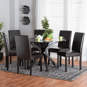 Baxton Studio Baxton Studio Modern Espresso Faux Leather Dining Set with Round Table for Cozy Gatherings Asli 7-Piece Pinar-Dark Brown-7PC Dining Set