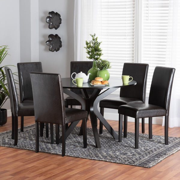 Baxton Studio Baxton Studio Modern Espresso Faux Leather Dining Set with Round Table for Cozy Gatherings Asli 7-Piece Pinar-Dark Brown-7PC Dining Set