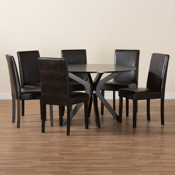 Baxton Studio Baxton Studio Modern Espresso Faux Leather Dining Set with Round Table for Cozy Gatherings Asli 7-Piece Pinar-Dark Brown-7PC Dining Set