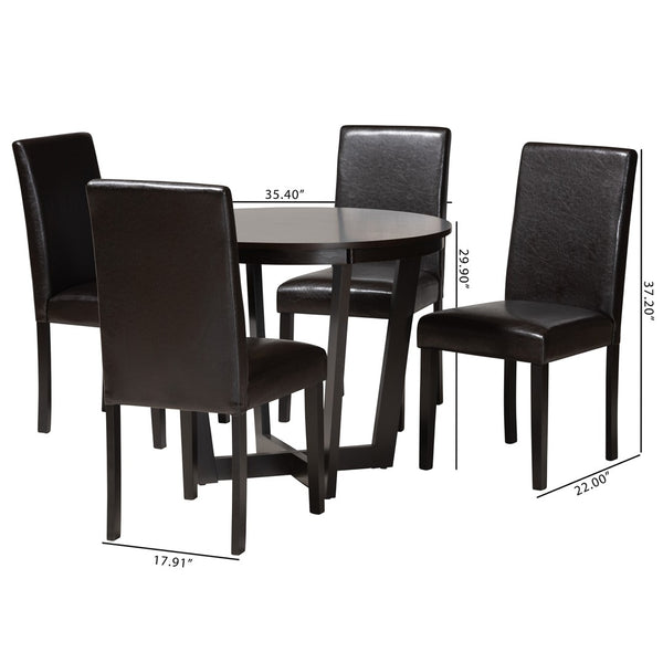Baxton Studio Baxton Modern 5-Piece Dining Set: Dark Brown Faux Leather & Espresso Wood for Elegant Dining Spaces Bruna-Dark Brown-5PC Dining Set