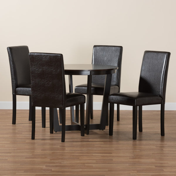 Baxton Studio Baxton Modern 5-Piece Dining Set: Dark Brown Faux Leather & Espresso Wood for Elegant Dining Spaces Bruna-Dark Brown-5PC Dining Set