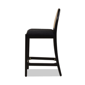 English Elm Jennifer Taylor Home - Panama 26.5" Curved Back Cane Rattan Counter Stool Set of 2 with Oak Frame, Bouclé Upholstery & Brass Footrest Black B2719P238388