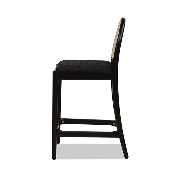 English Elm Jennifer Taylor Home - Panama 26.5" Curved Back Cane Rattan Counter Stool Set of 2 with Oak Frame, Bouclé Upholstery & Brass Footrest Black B2719P238388