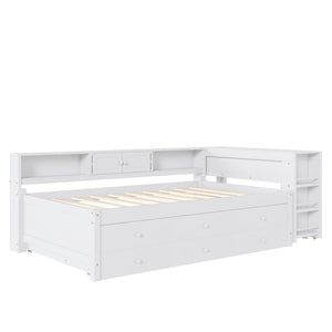 English Elm Twin Daybed Pine Frame with Trundle Desk Hutch Shelves and Storage for Kids Rooms White W1580S00458