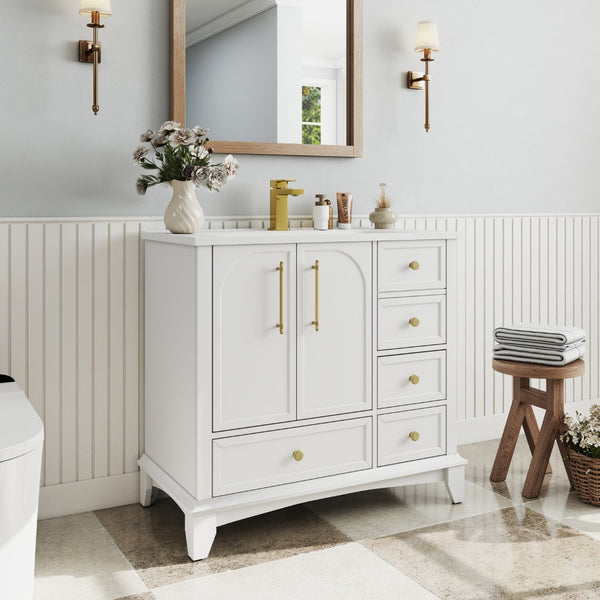 English Elm 35.6" Freestanding Bathroom Vanity with Roman Column Base and Ceramic Integrated Sink White W1801S00003
