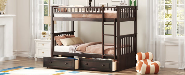 English Elm Twin Over Solid Pine Bunk Bed with Rolling Drawers and Convertible Platform GX000240AAP