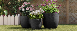 English Elm U_style Mgo Round Planters Set of Three Crackle Stone Texture Patio Garden Pots N711P406670B