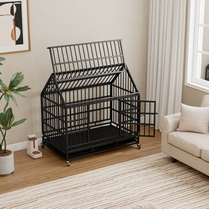 English Elm 48 Inch Pointed Roof Metal Dog Crate Folding Steel Kennel with Wheels and Slide Trays W347P431440