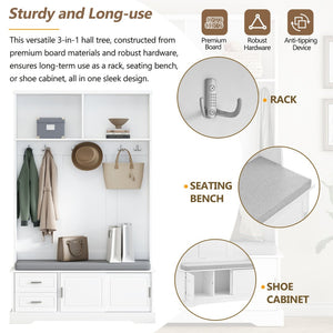 English Elm On-Trend Elegant Hall Tree With Sliding Doors, 6 Hooks, Mudroom Bench & Cushion For Organized Entryway N721P205787K-GIGA