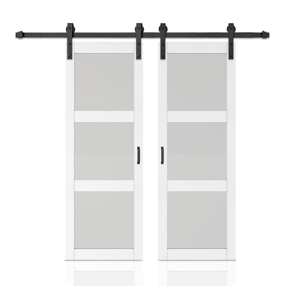 English Elm 30 in Matte Black Steel Sliding Barn Door Frosted Glass Privacy Panel with Hardware B2763P483208