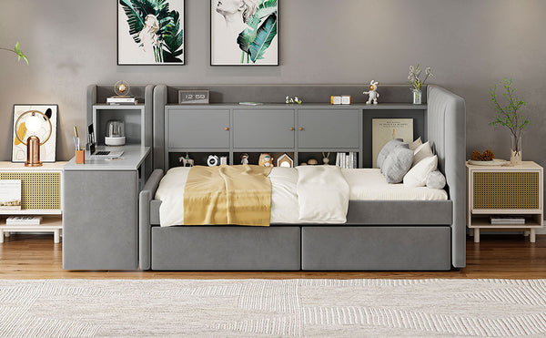 English Elm Twin Upholstered Daybed with Velvet Finish, High Back Shelves, Flip Cabinets, Drawers & Side Table Gray SF000196AAE