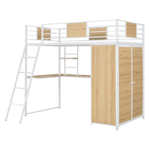 English Elm Twin Loft Bed with L-Shaped Desk and Wardrobe — Space-Saving Iron & Wood Design for Study & Storage White SF000168AAK