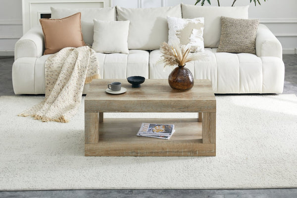 English Elm Modern Two Tier Rectangular Coffee Table with Open Shelf Storage for Living Rooms W3875P389557