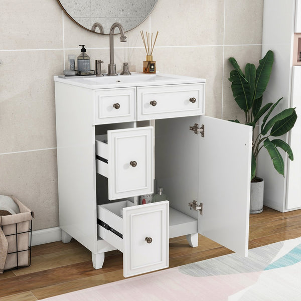 English Elm 24-Inch Bathroom Vanity Cabinet with Ceramic Sink, Space-Saving Storage, Solid Wood Feet, Durable Finish White WF532034AAK