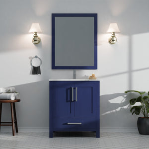 English Elm Navy 30" Bath Vanity with Carrara Marble Top, Soft-Close Drawer, Chrome Faucet & Storage Shelf B2731P259011
