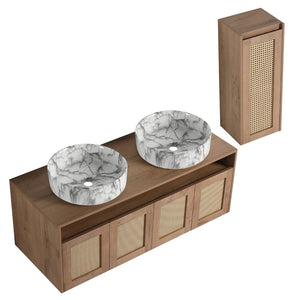 English Elm 48" Floating Bathroom Vanity Dual Ceramic Vessel Sinks Oak Finish Soft Close Doors W999S00500