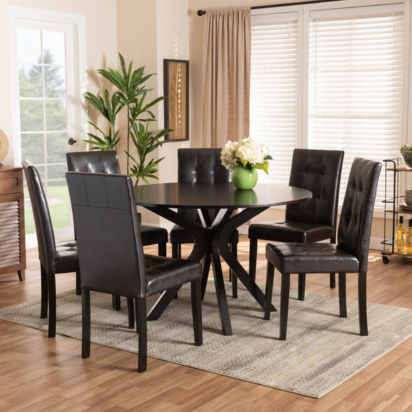 Baxton Studio Baxton Studio Marie Modern Dining Set - Dark Brown Faux Leather & Wood for Stylish Spaces 7-Piece Marie-Dark Brown-7PC Dining Set