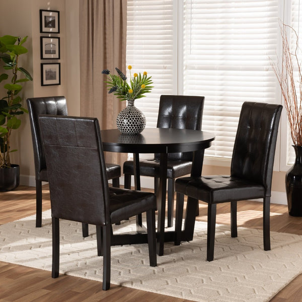 Baxton Studio Baxton Studio Vida 5-Piece Dark Brown Dining Set with Round Table & Upholstered Chairs for Modern Spaces Vida-Dark Brown-5PC Dining Set