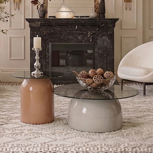 English Elm Nesting Coffee Tables Set of 2 Round Glass Top Steel Frame Living Room Accent W2920P438673