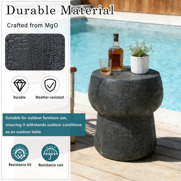 English Elm U_style Outdoor Concrete Accent Table Sculptural Double Barrel Mgo Weathered Patio Stool Black N711P422075B