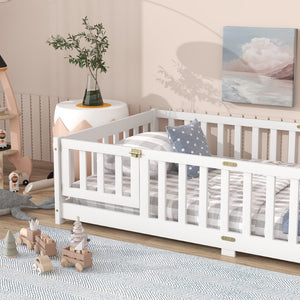 English Elm Twin Low Profile Rubberwood Floor Bed with Full Safety Fence for Toddler Rooms White W504P429270