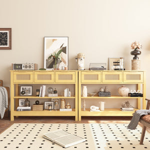 English Elm 43.3" Farmhouse Console Table Rattan Drawer Fronts Open Shelving Entryway Storage Natural Wood T3210P426416