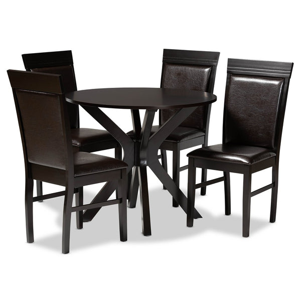 Baxton Studio Baxton Studio Jeane 5-Piece Modern Dining Set with Dark Brown Faux Leather Chairs & Round Table Jeane-Dark Brown-5PC Dining Set