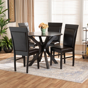 Baxton Studio Baxton Studio Jeane 5-Piece Modern Dining Set with Dark Brown Faux Leather Chairs & Round Table Jeane-Dark Brown-5PC Dining Set