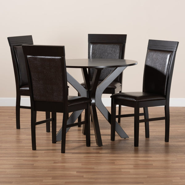 Baxton Studio Baxton Studio Jeane 5-Piece Modern Dining Set with Dark Brown Faux Leather Chairs & Round Table Jeane-Dark Brown-5PC Dining Set