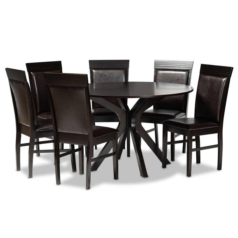 Baxton Studio Baxton Jeane Modern 7-Piece Dining Set - Dark Brown Faux Leather & Wood Table with Cozy Chairs Jeane-Dark Brown-7PC Dining Set