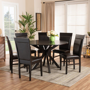 Baxton Studio Baxton Jeane Modern 7-Piece Dining Set - Dark Brown Faux Leather & Wood Table with Cozy Chairs Jeane-Dark Brown-7PC Dining Set