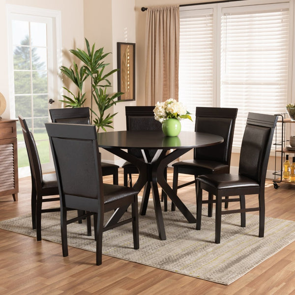 Baxton Studio Baxton Jeane Modern 7-Piece Dining Set - Dark Brown Faux Leather & Wood Table with Cozy Chairs Jeane-Dark Brown-7PC Dining Set