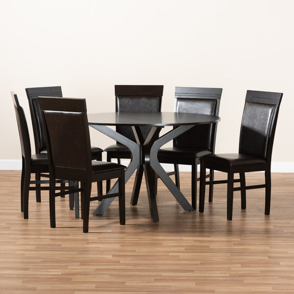Baxton Studio Baxton Jeane Modern 7-Piece Dining Set - Dark Brown Faux Leather & Wood Table with Cozy Chairs Jeane-Dark Brown-7PC Dining Set
