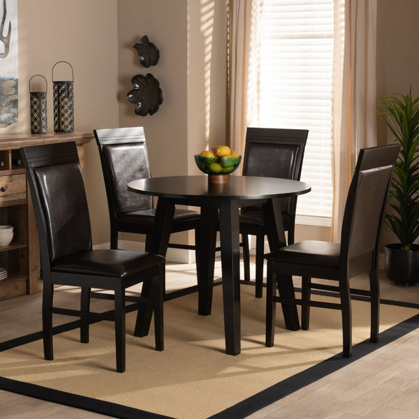 Baxton Studio Baxton Miya 5-Piece Dining Set: Modern Dark Brown Faux Leather Chairs & Round Table for Small Spaces Miya-Dark Brown-5PC Dining Set