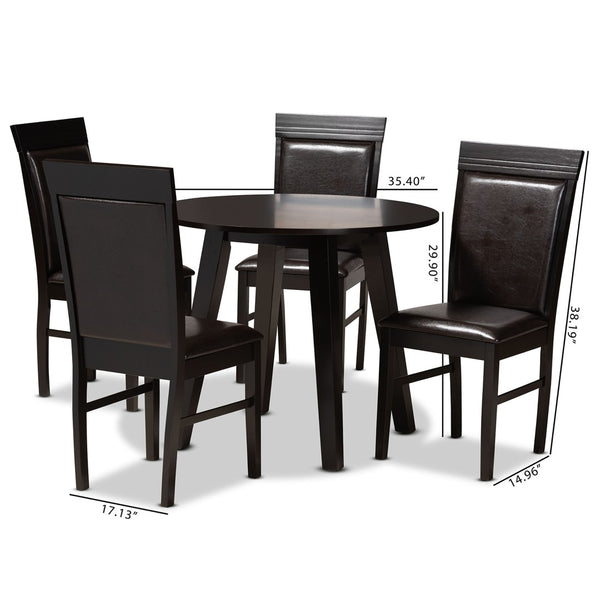 Baxton Studio Baxton Miya 5-Piece Dining Set: Modern Dark Brown Faux Leather Chairs & Round Table for Small Spaces Miya-Dark Brown-5PC Dining Set